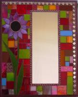 Art  Mirrors - Red Geometric Mirror With Pink And Black Flower - Stained Glass Mosaic